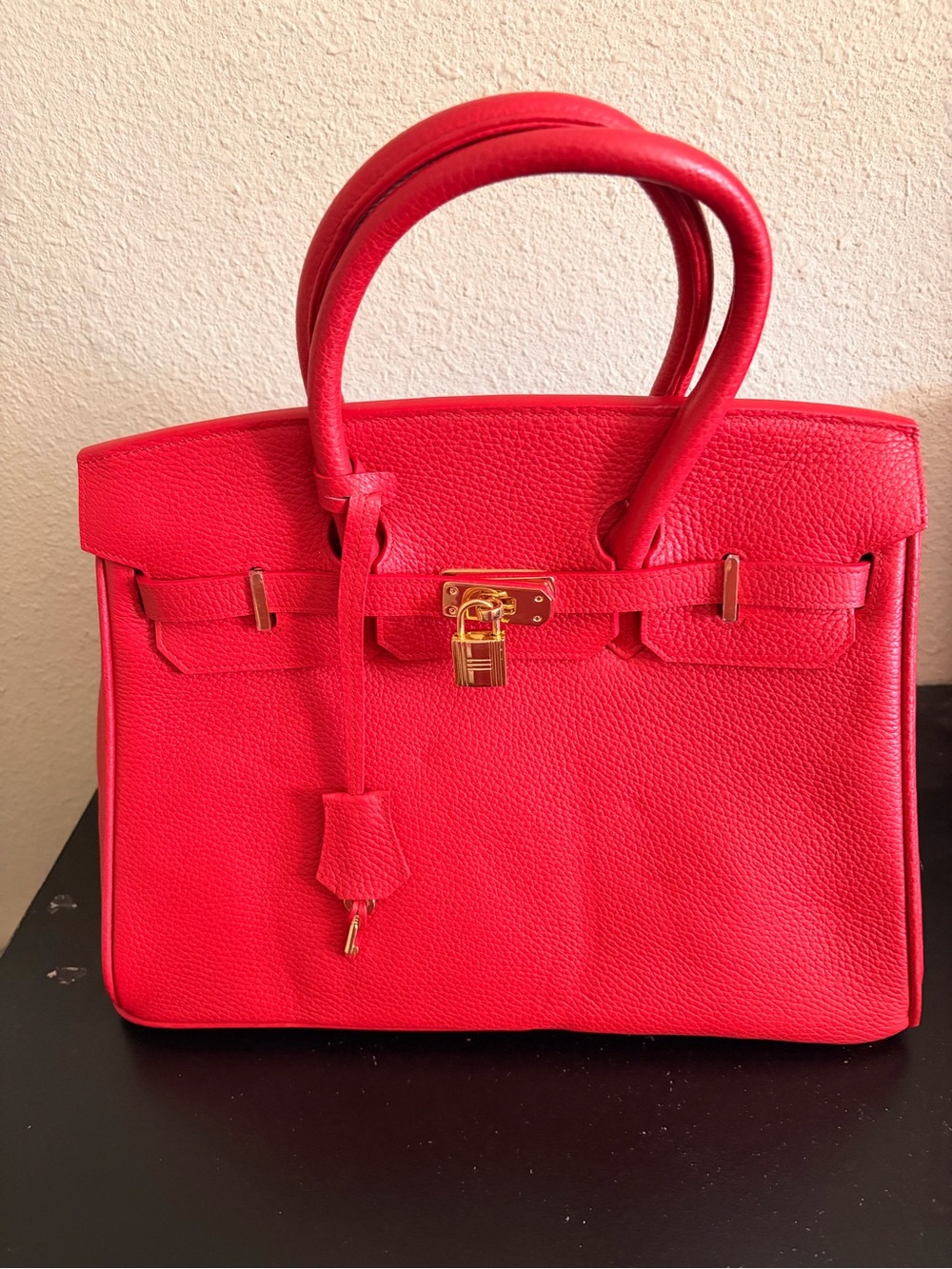 Red Structured Leather Satchel Handbag